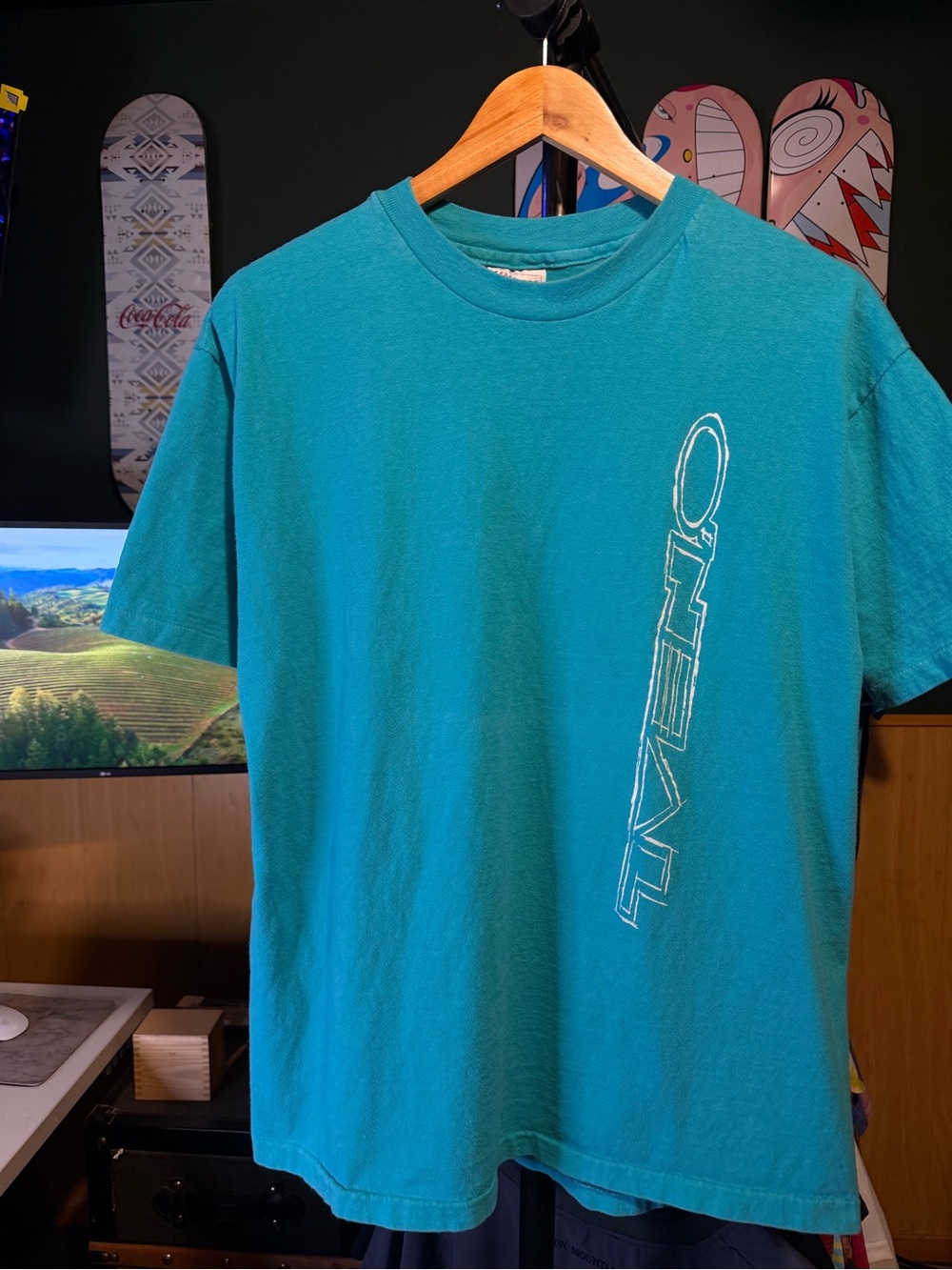 Vintage O’Neal Teal Graphic Tee Shirt Y2K Chrome Outline Vertical Logo Size XL